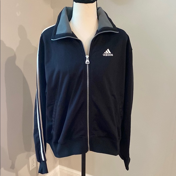Vintage Adidas track jacket zip front black three stripe athletic streetwear - Picture 1 of 12